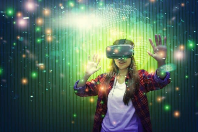 portrait of young woman using virtual reality or vr for gaming a